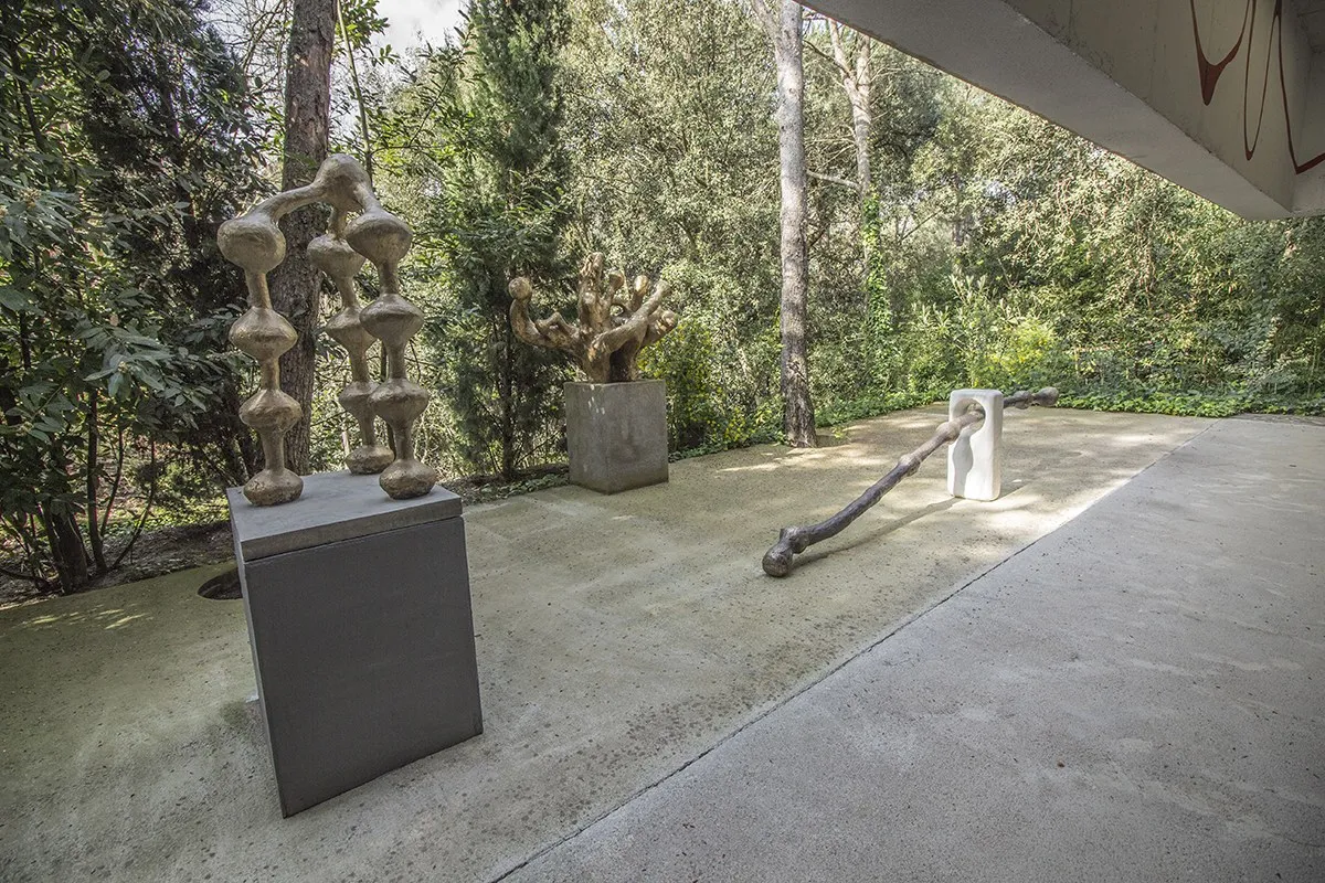 Terrassa pavimentada al costat de l'edifici, sota un voladís de formigó. Tres escultures a l'aire lliure: un tòtem de formes arrodonides apilades damunt d'un pedestal fosc, una peça de bronze ramificada damunt d'un cub de formigó, i una branca llarga i prima de bronze estesa a terra fins a una peça blanca amb un forat. Al darrere, el bosc.